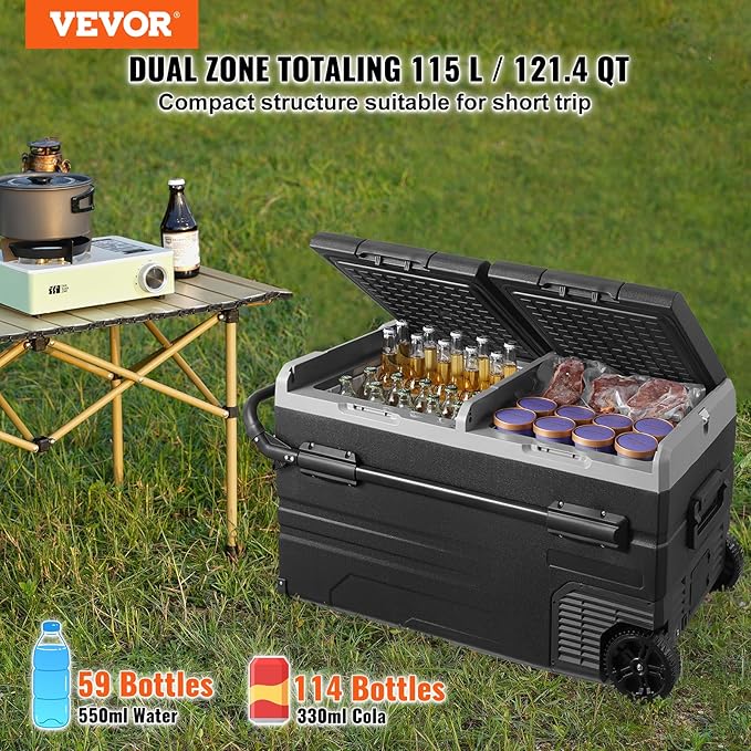 VEVOR Car Refrigerator, 12 Volt Car Refrigerator Fridge, 121.4QT Dual Zone Portable Freezer with Wheels and Handle, -4℉-68℉, 12/24V DC and 100-240V AC Compressor Cooler for Outdoor, Camping