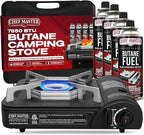 Portable Butane Camping Stove COMBO, Piezo Ignition Wind-Guard 7,650 BTU Portable Stove Burner w/ 4 x 8oz. Butane Fuel Canister for Emergencies, Hiking & Outdoor Camping Essential by Chef Master 90027