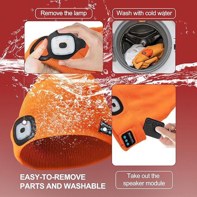 Gifts for Men, Rechargeable Bluetooth Music Unisex Beanie Hat with Light, Valentines Day Gifts for Him, Birthday Gifts for Men, Women, Orange