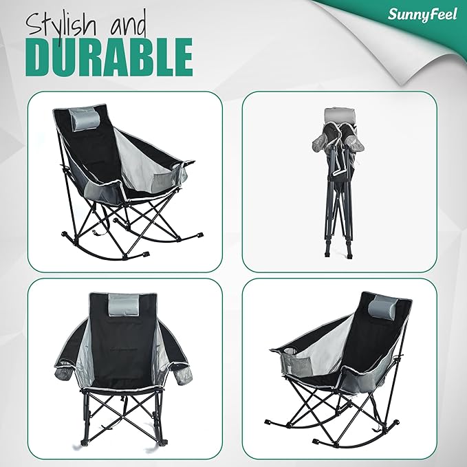 SUNNYFEEL Oversized Rocking Camping Chair, Fully Padded Patio Chair with Side Pocket, High Back Portable Lawn Recliner with Headrest, Outdoor Camp Rocker Chairs for Adults Heavy Duty 500 LBS Carry Bag