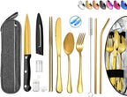Stainless Steel Travel Utensil Set with Case - Portable Flatware Cutlery, Chopsticks, Straw - Gold