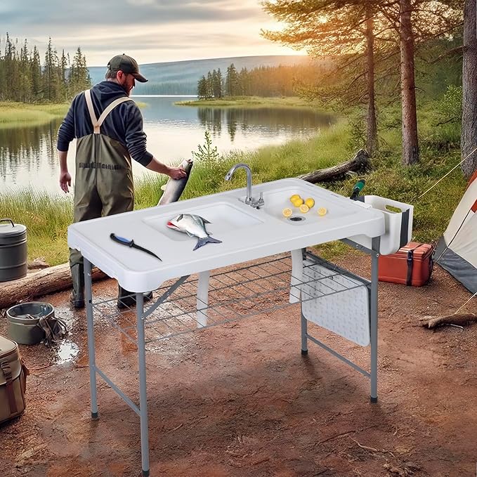 ZENY Fish Cleaning Table with Sink, 42.4" Width Portable Folding Camping Table, Outdoor Fish Cleaning Station with Grid Rack and Fish Cleaning Kit for Picnic