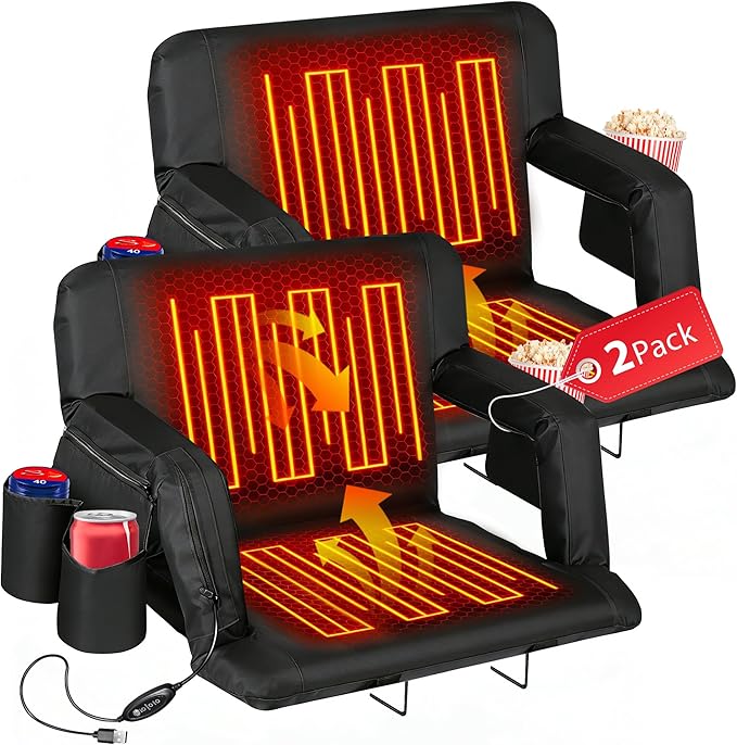 Wide Stadium Seat for Bleachers with Back Support -2 Pack Reclining Adults Camping Stadium Chair Extra Thick Cushion Bleacher Seats Waterproof Black