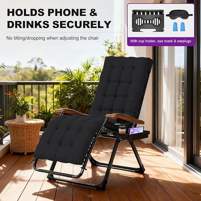 PURPLE LEAF Oversized Outdoor Reclining Chair Patio Zero Gravity Chaise Lounge Folding Chair with Removable Cushion Adjustable Headrest for Lawn Camping Beach Pool Black