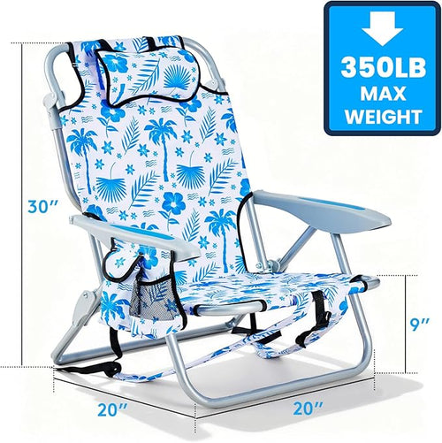 2 Pack Lightweight Portable Camping Beach Chair for Adults, Outdoor Lay Flat Folding Beach Chairs with 5 Positions, Backpack Beach Chair with Towe, Zipper Pouch, Cup Holder, Blue Coconut Tree