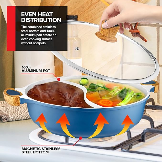 Nonstick Hot Pot with Divider, Blue Shabu Shabu with Silicone Spoons, Divided Cooker for Two Broths, Compatible with Induction, Gas Stove, or Grill
