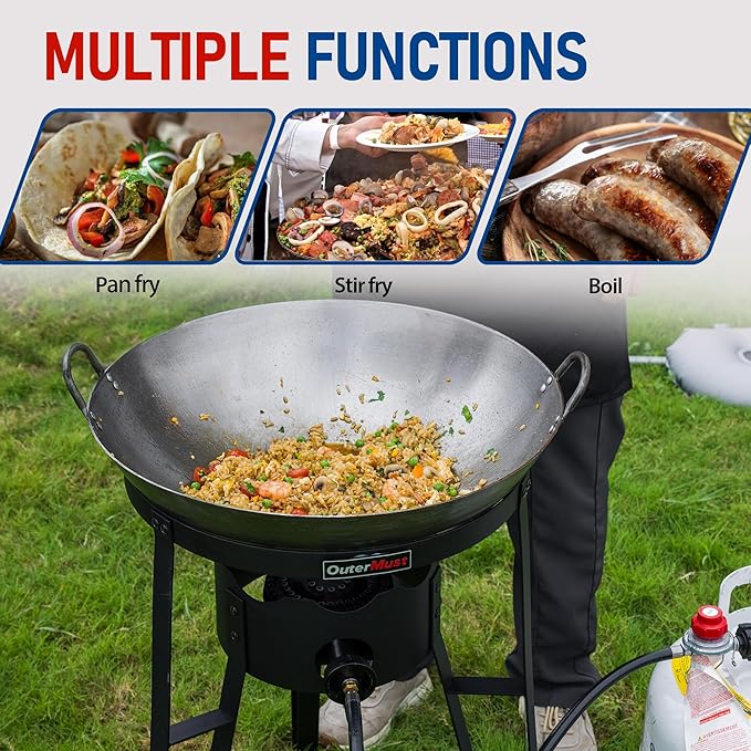 Outdoor Cooker with Iron Wok and Propane Burner, 54,000 BTU High-Pressure Gas Stove for Backyard BBQ, Tailgating & Outdoor Cooking