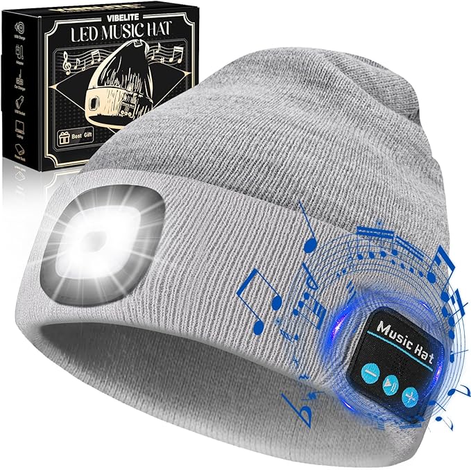 VIBELITE Bluetooth Beanie Hat with Light, Gifts for Men, USB Rechargeable LED Headlamp with Wireless Headphones, Birthday Gifts for Men, Dad, Him, Teen Boys, Husband, Women, Boyfriend, Grey