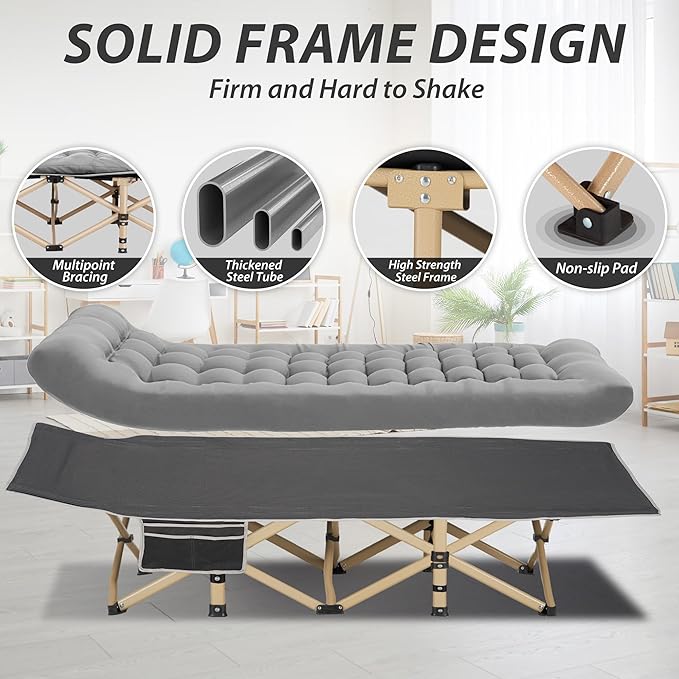 Folding Camping Cot for Sleeping, Portable Cots for Adults, Heavy Duty Cot Bed 550LBS(Max Load), Extra Wider Cots with Large Pocket for Outdoor, Office, Beach