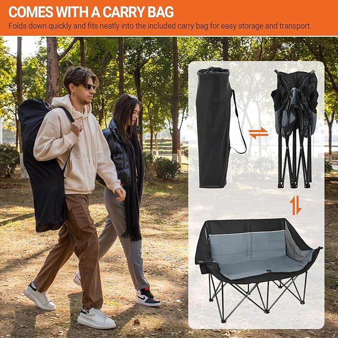 Double Camping Chair for Adults - Heavy Duty 700LB Oversized Padded Camping Loveseat, 2 Person Folding Outdoor Chair with Cup Holders for Lawn, Backyard (Grey)