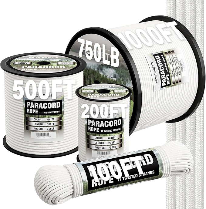 Paracord Rope 750 - Parachute para Cord 4mm 11 Strand Spool Rope Utility Nylon String for Outdoor Camping Survival Utility Tent Crafting DIY Projects - White 200ft