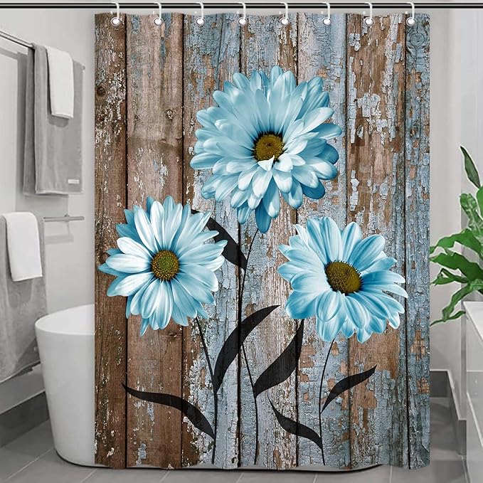 RV Camper Shower Curtain Rustic Farmhouse Floral Shower Curtains for Travel Trailer Bathroom Blue Daisy Flower Decor Fabric Camping Bath Accessories Set with Hooks 47 x 64 Inch