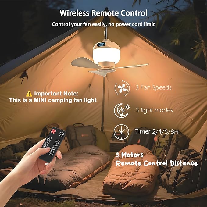 Camping Fan with Light & Remote, Portable Ceiling Fan for Tents, Canopy, Beach, RV, Car, Camper & Outdoor, Wireless Rechargeable Hanging Pop Up Tent Fans - 3 Speed Breeze & Timer
