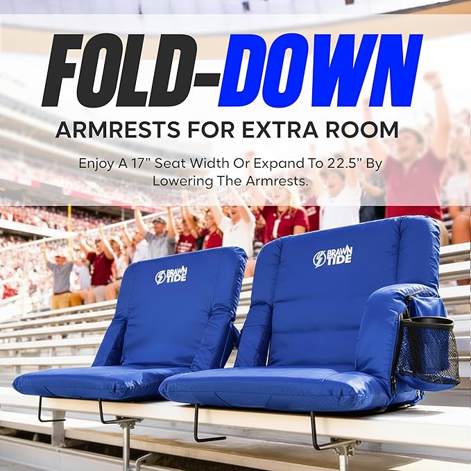 BRAWNTIDE Stadium Seat for Bleachers with Back Support - Wide Padded Reclining Bleacher Seat, Portable Folding Stadium Chair with Armrests, Hooks, Straps, Cup Holders & Pockets for Games & Concerts