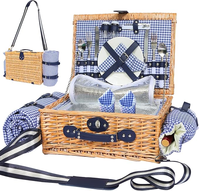 Picnic Basket for 2 with Blanket, Willow Picnic Basket Set with Shoulder Strap&Wine Pouch, Large Willow Hamper with Insulated Cooler for Outdoor, Camping, Beach, Couples, Wedding Gift