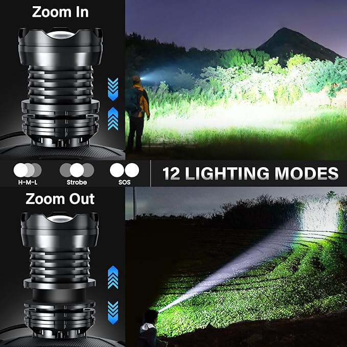 AKNEAR Rechargeable LED Headlamp Super Bright, 99000 High Lumens Head Lamp Zoomable, 25Dys+ Runtime & 12 Mode & Lightweight Comfort & 125° Adjustable IPX-7 Waterproof Head Light for Outdoor,Hardhat