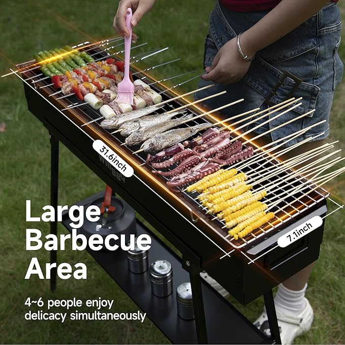 WILLBBQ Charcoal Grills Commercial Quality Portable Hibachi BBQ Lamb Skewer Folded Camping Barbecue Grill for Backyard Outdoor Cooking Use (31.5x7.2x5.2 inch), BLACK