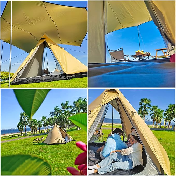 Large Space Pyramid Tipi Tent Ultralight Family Camping Tent Windproof Outdoor Teepee Tent for Adults 4 Person Double Layer Tents, Black