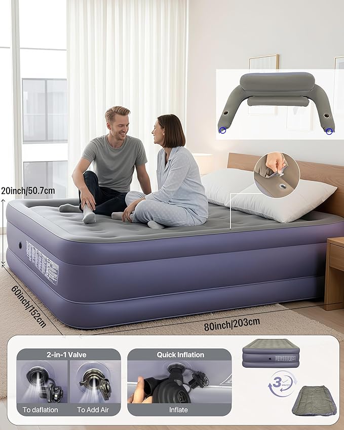A-ER-FA Queen Air Mattress with Detachable Headboard and Cup Holder - 20 Height 700lbs Capacity Comfort Inflatable Bed for Guests Home Camping and Travel Durable Construction,Colchón Inflable,Air Bed