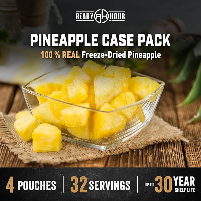 Ready Hour Freeze-Dried Pineapple Case Pack – Emergency Snack, Tropical Fruit, Long-Term Storage, Bulk Survival Food, Prepper Pantry Essential – 32 Servings (4 Pouches)