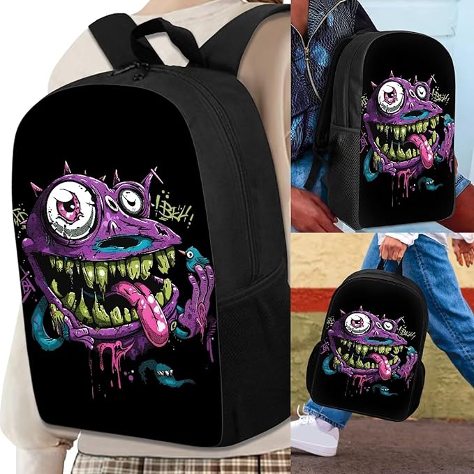3 In 1 Funny Purple Monster Backpack for School Boys Lightweight Boys Bookbag Age 8-10 17 Inch Large Capacity Teens School Bag and Lunch Kit for Back to School Travel Hiking Rucksack