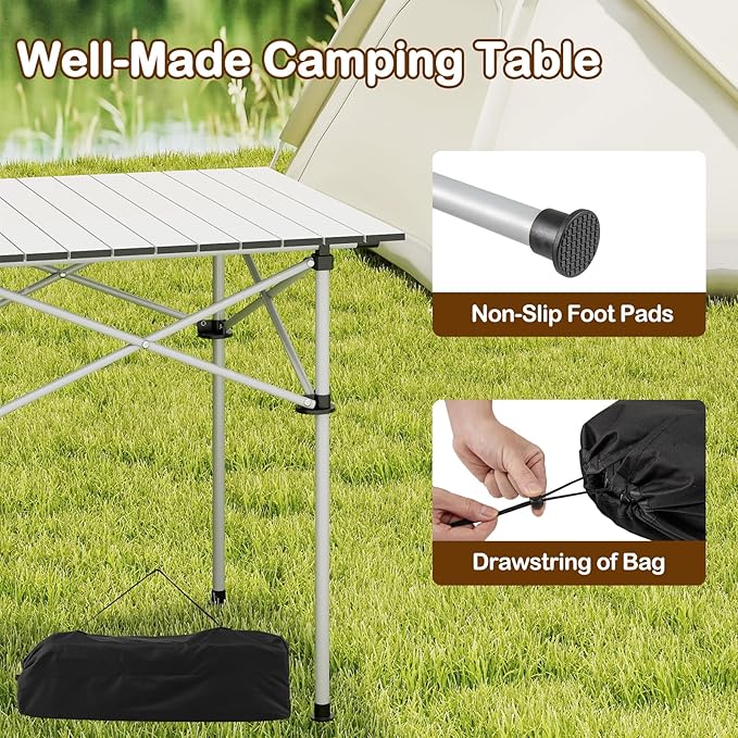 Giantex Folding Roll-up Camping Table, Outdoor Lightweight Aluminium Table for 4, Portable Square Table with Carry Bag for Picnic, Hiking, BBQ, Beach, Tailgating (28"x28"x27.5",Silver)