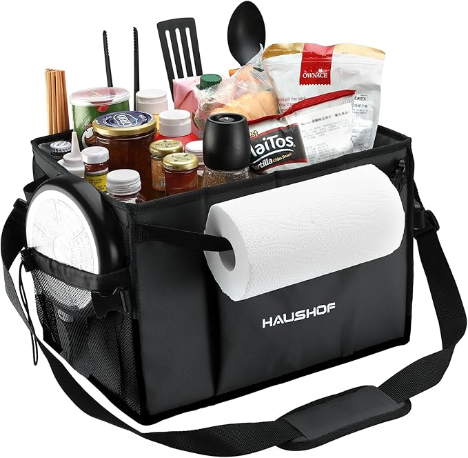 HAUSHOF Large Grill and Picnic Caddy with Paper Towel Holder, Condiment Pocket, Foldable BBQ Organizer Easy Carry Griddle Caddy for Camping, RV, Outdoor Waterproof Oxford Cloth (Black)