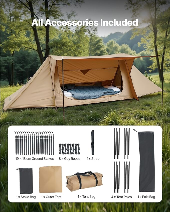 Camping Hot Tent with Stove Jack, Lightweight 4 Season Tent for 2 Persons, Waterproof with Double Layer Door & Vent, for Hiking, Fishing and Backpacking