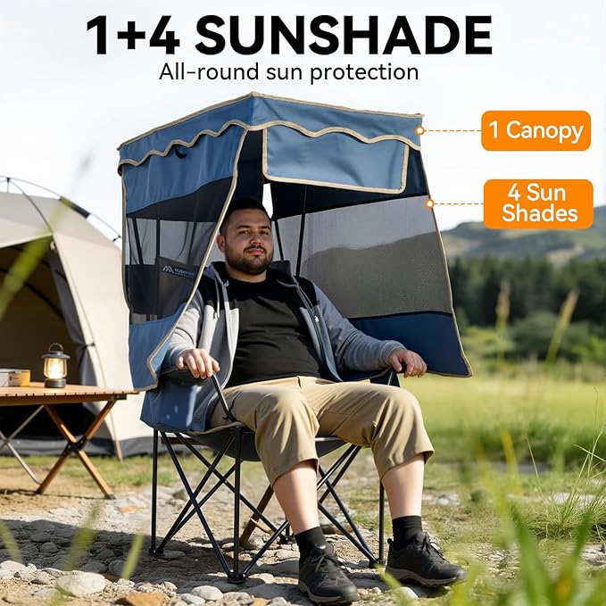 Camping Chair with Canopy Shade Oversized Folding Chair with Canopy for Outdoor Camping,Fishing Padded Outdoor Chair with Cup Holder,Cooler Bag,Side Pockets Beach Chair with Canopy Supports 330 lbs