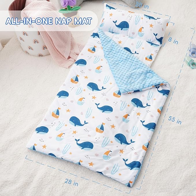 Bunnikins & Clover Toddler Nap Mat with Removable Pillow, Nap Mats for Preschool, Easy Clean Toddler Nap Pad for Kindergarten, Kids Sleeping Bag for Travel Camping