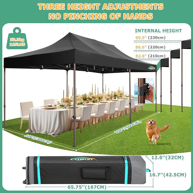 COBIZI 10x20 Pop Up Heavy Duty Canopy with Upgrated Hexagonal Legs, Easy up Tent for Party, Wedding and Commercial Event, Outdoor Canopy with Roller Bag, Sand Bags, Waterproof & UPF50+ (Black)