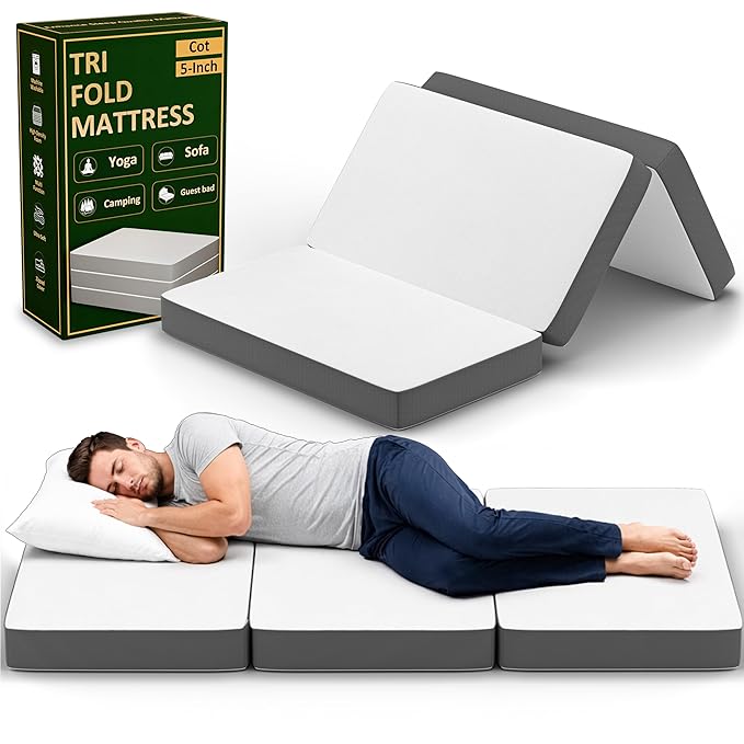Treaton, 5-Inch Tri-Folding Gel Memory Foam Portable Floor Mattress | Breathable Mesh, Ultra Soft, Cot Pad, Removable and Washable Cover, Comfortable Support, Therapeutic Qualities, 31-Inch, White