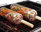 Rolling Grill Basket 2-Pack, Premium 304 Stainless Steel, Removable Wooden Handles, Upgrade Rolling Grill Baskets for Outdoor Grill, BBQ Grill Accessories for Camping/Backyard Cooking, Ideal Gift for Dad/Husband