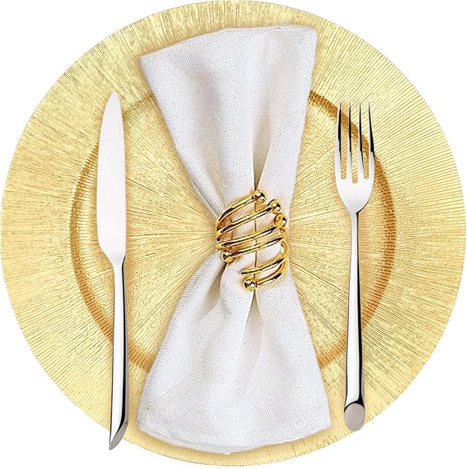 DYRABREST 50 Pcs Gold Charger Plates, 13 Inch Bulk Round Charger Plates Plastic Wedding Dinner Elegant Reusable for Table Setting Wedding Party Event Tabletop Setting Decor (Gold)