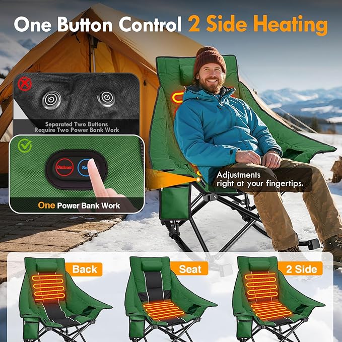 Slendor Oversized Heated Camping Chair, Folding Heated Rocking Chair with Padded Pillow, 3 Adjustable Heat Settings Portable Camp Chair for Outdoor & Indoor Use, NO Power Bank,Green