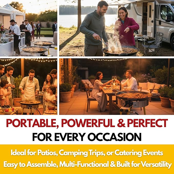 Paella Burner and Stand Set 12 Servings, 18 Inch Paella Pan, Dual Propane Outdoor Stove with Stand & Regulator, Portable Gas Cooker for Camping Crawfish Boil Cooking Outdoor, Paellera Propano