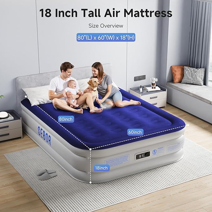 Sebor Air Mattress Queen with Built-in Pump 18", Comfortable Self-Inflating Air Mattress with High-Speed Pump, Durable Blow Up Mattress Queen with Storage Bag for Guests, Camping, Travel