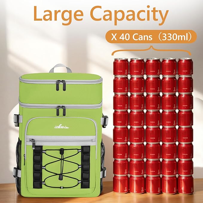 Cooler Backpack, 40 Cans Insulated Lunch Backpack Picnic Backpack for Men&Women, Durable Cooler Bag with 2 Leak Proof Compartments for Picnic, BBQ Camping, Lunch, Beach, Hiking, Green