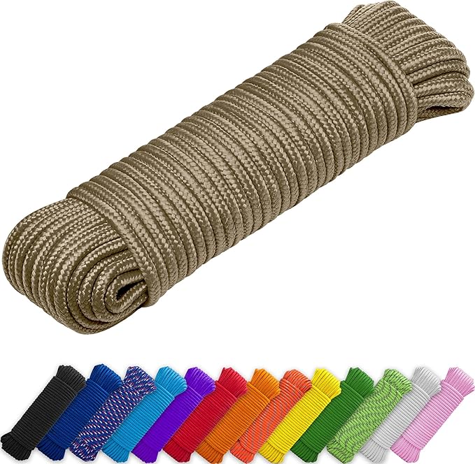 TECEUM Rope – 90 Feet x 1/4 Inch (7mm) – Coyote Brown – Strong All-Purpose Utility Rope – Camping, Crafting, Flag Pole, Indoor & Outdoor – Polypropylene Nylon Poly Lightweight Diamond Braided Cord