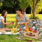 Picnic Basket for 2 with Blanket, Willow Picnic Basket Set with Shoulder Strap&Wine Pouch, Large Willow Hamper with Insulated Cooler for Outdoor, Camping, Beach, Couples, Wedding Gift