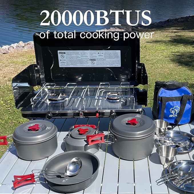 Camping Stove, 2 Burners Portable Propane camp Stove with Regulator, Integrated Igniter & Stainless Steel Drip Tray & Built-in Handle & Foldable Legs for Outdoor Cooking and Travel-20000 BTU