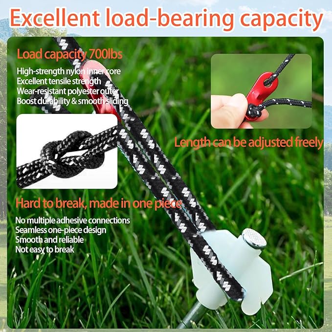 Outdoor Tent Guy Lines, Lightweight Camping Ropes with Aluminum Tensioners and Storage Pouch, Ideal for Tents, Tarps, Canopies, Camping, Hiking and Backpacking（6-Pack | Black）