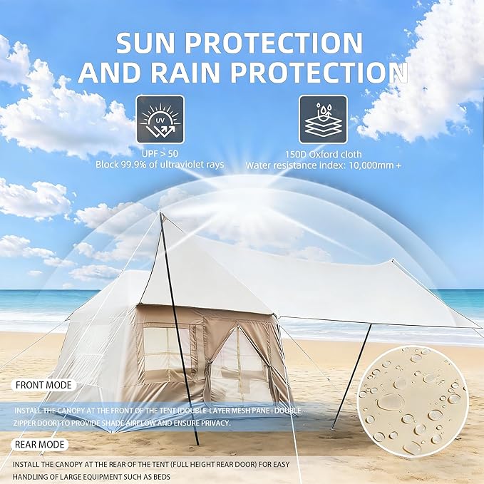 Inflatable Tent, 4-6 Person Luxury Camping Tents, Detachable Rainfly Sky-View Roof, Sturdy Oxford Fabric Cabin for Hiking, Quick Inflate Hot Thermal Outdoor House,Beige