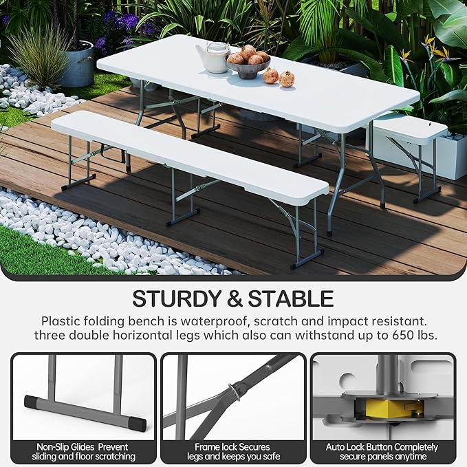 6 Foot Folding Bench, Portable Plastic Folding Bench Seat, Foldable Seat for Indoor Outdoor Picnic Camping Dining, Soccer Garden Multipurpose Entertaining Activities, White, 2 Pack