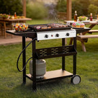 3 Burner BBQ Gas Griddle, 25.6 Inch Stainless Steel Portable Detachable Propane Griddle, 30,000 BTU Flat Top Barbecue Grill with Side Shelves for Camping