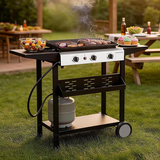 3 Burner BBQ Gas Griddle, 25.6 Inch Stainless Steel Portable Detachable Propane Griddle, 30,000 BTU Flat Top Barbecue Grill with Side Shelves for Camping