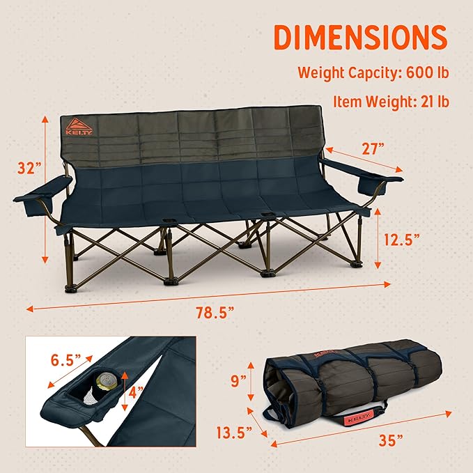 Kelty Lowdown Couch - 3 Person Capacity Camping Chair, Extra Large and Sturdy Bench for Campsites, Soccer Games, and Backyard Parties