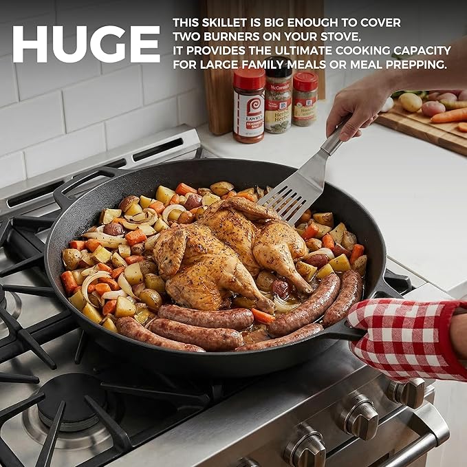 Pre-Seasoned Large Cast Iron Skillet 17 Inch, Dual Handle Outdoor Camping Frying Pan, Pizza Pan, Use for Grill, Stovetop, Induction, Oven Safe Cookware