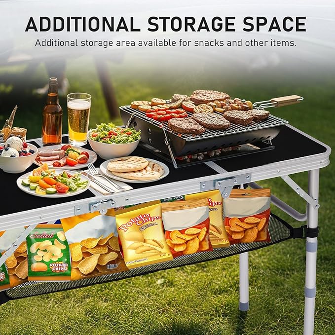 VINGLI Small Folding Table Portable 3FT Aluminum Foldable Camping Table for Picnic Card Table with 3 Adjustable Height & Carry Handle for Outdoor Indoor Hiking Camp BBQ Beach-Black