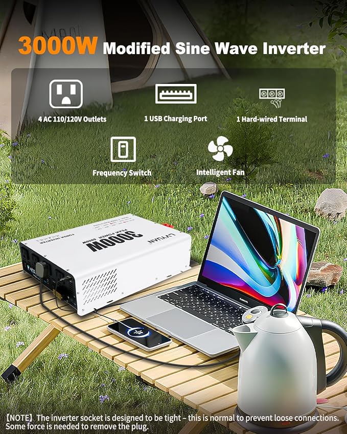 LVYUAN 3000 Watt Power Inverter 12V to 110V 120V DC to AC Converter with 4 AC Outlets, LCD Display, USB Charge Port, Remote Control for Home RV Vehicle Outdoor Camping Car Power Inverter
